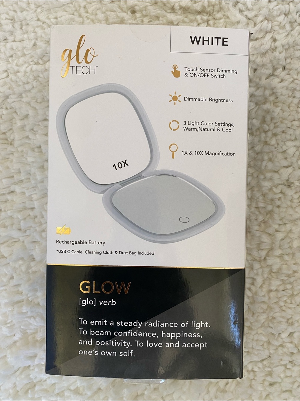 White Rechargeable Lighted Compact Mirror with 10X Magnification